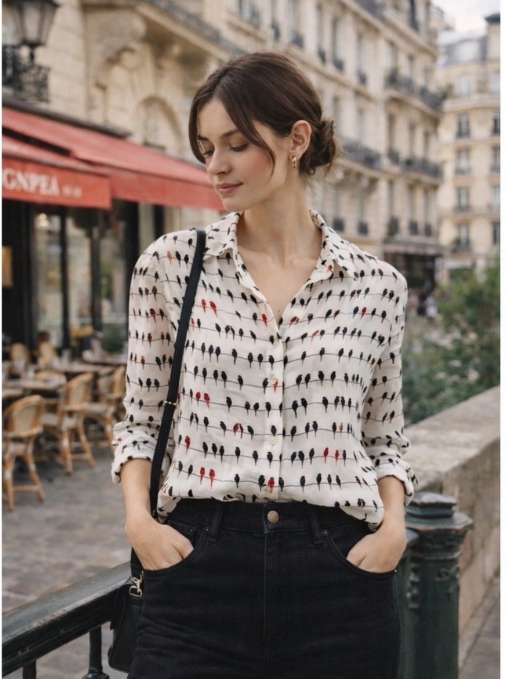 Jane and Delancey Birds on a Wire (Parrots) button front Roll-tab sleeve Blouse - Picture 3 of 17